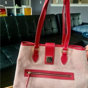 Dooney & Bourke Pink Canvas Tote with Red Trim and Gold Hardware